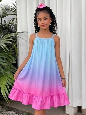 Girls Ombre Spaghetti-Strap Casual Dress in Blue and Pink